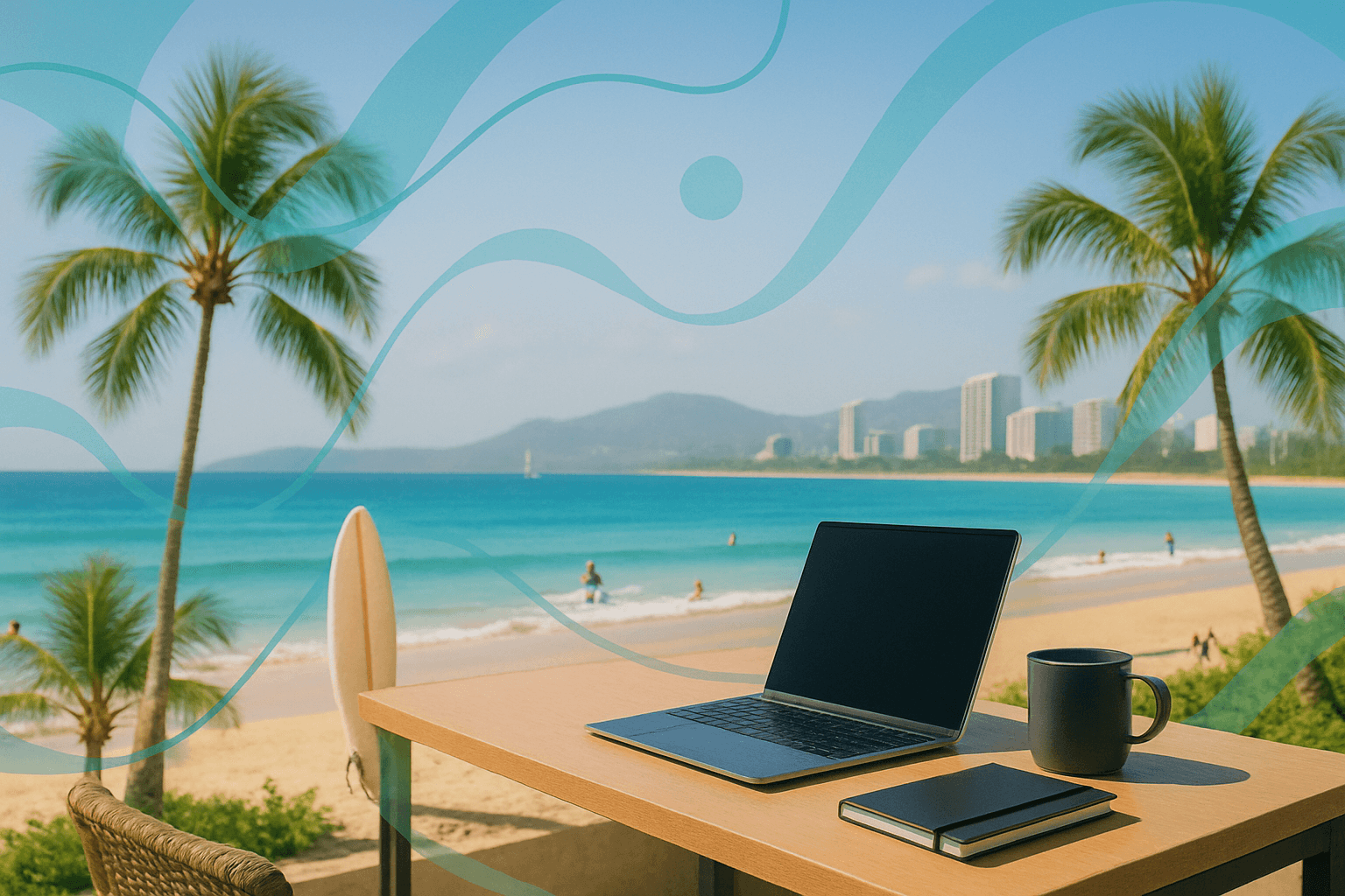 Digital nomad workspace with laptop on a beachside desk overlooking tropical beach and city skyline